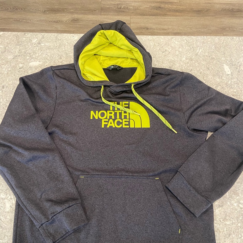 The North Face Men's Charcoal Hoodie with Neon Yellow Accents